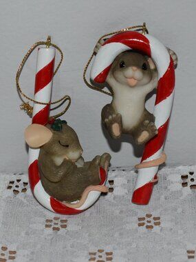 Vintage Charming Tails Sticky Situations Candy Cane Mouse Holiday Ornament Set